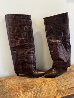 Anthropologie Dark Brown Croc-Embossed Leather Knee Boots